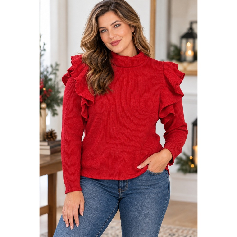 Amanda Uprichard Red Ribbed Ruffle Shoulder Mock Neck Keyhole Sweater 1X